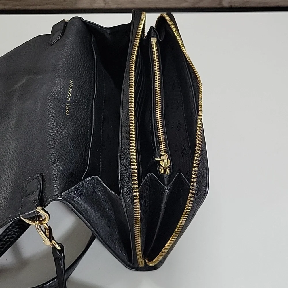 Tory Burch Black Pebbled Leather Flap Front Crossbody Bag